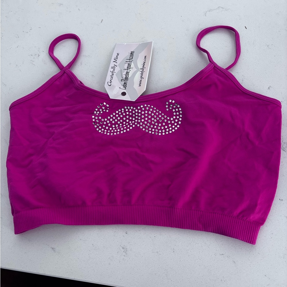 Pink Rhinestone Mustache Crop Top